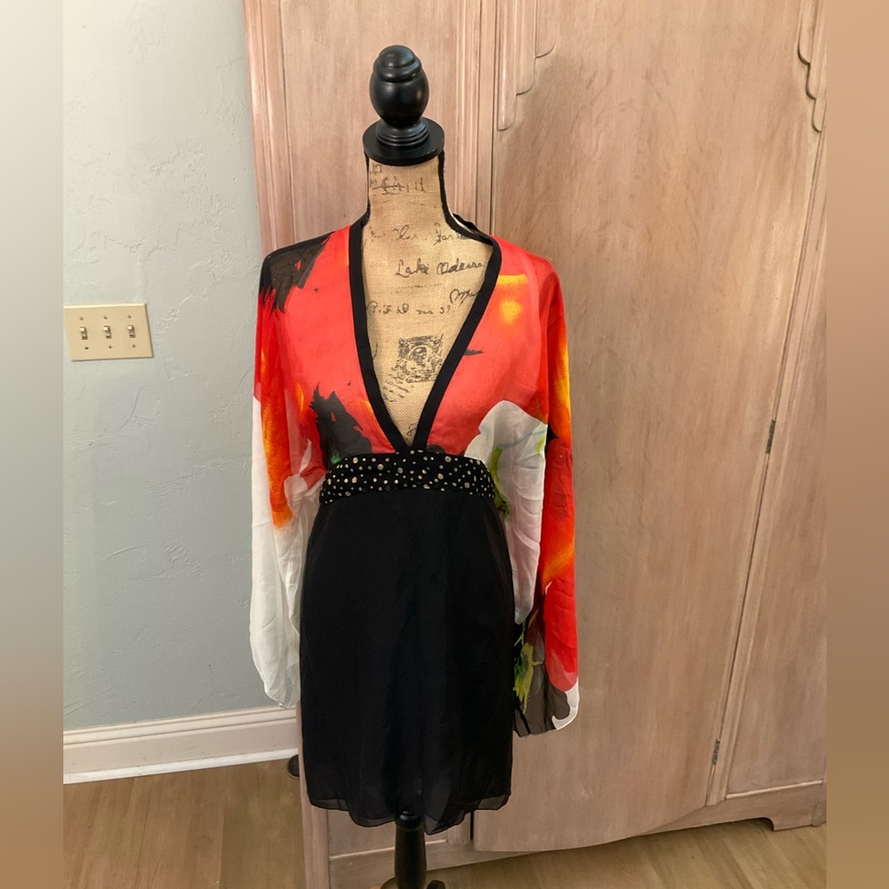 Venus 100% Silk artsy black red Floral Kimono Sleeve Dress size 12 - Picture 2 of 16